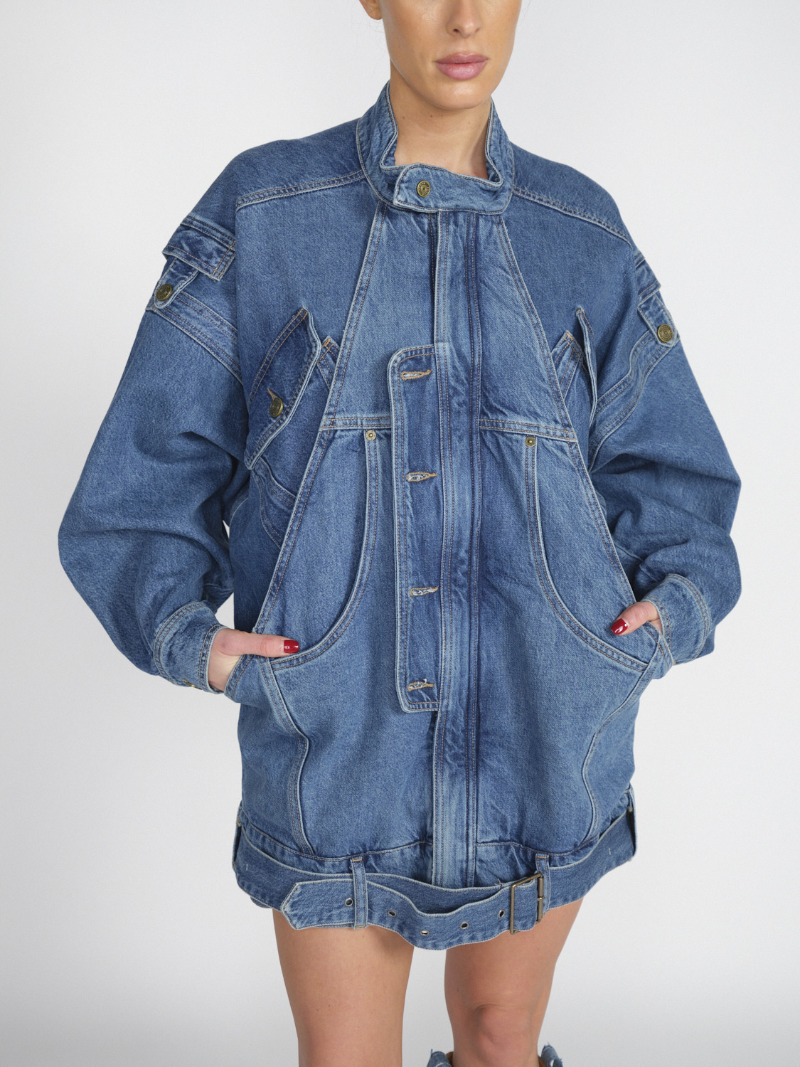 Frame The Mac - Veste en jean oversize avec effets de superposition et ceinture bleu XS