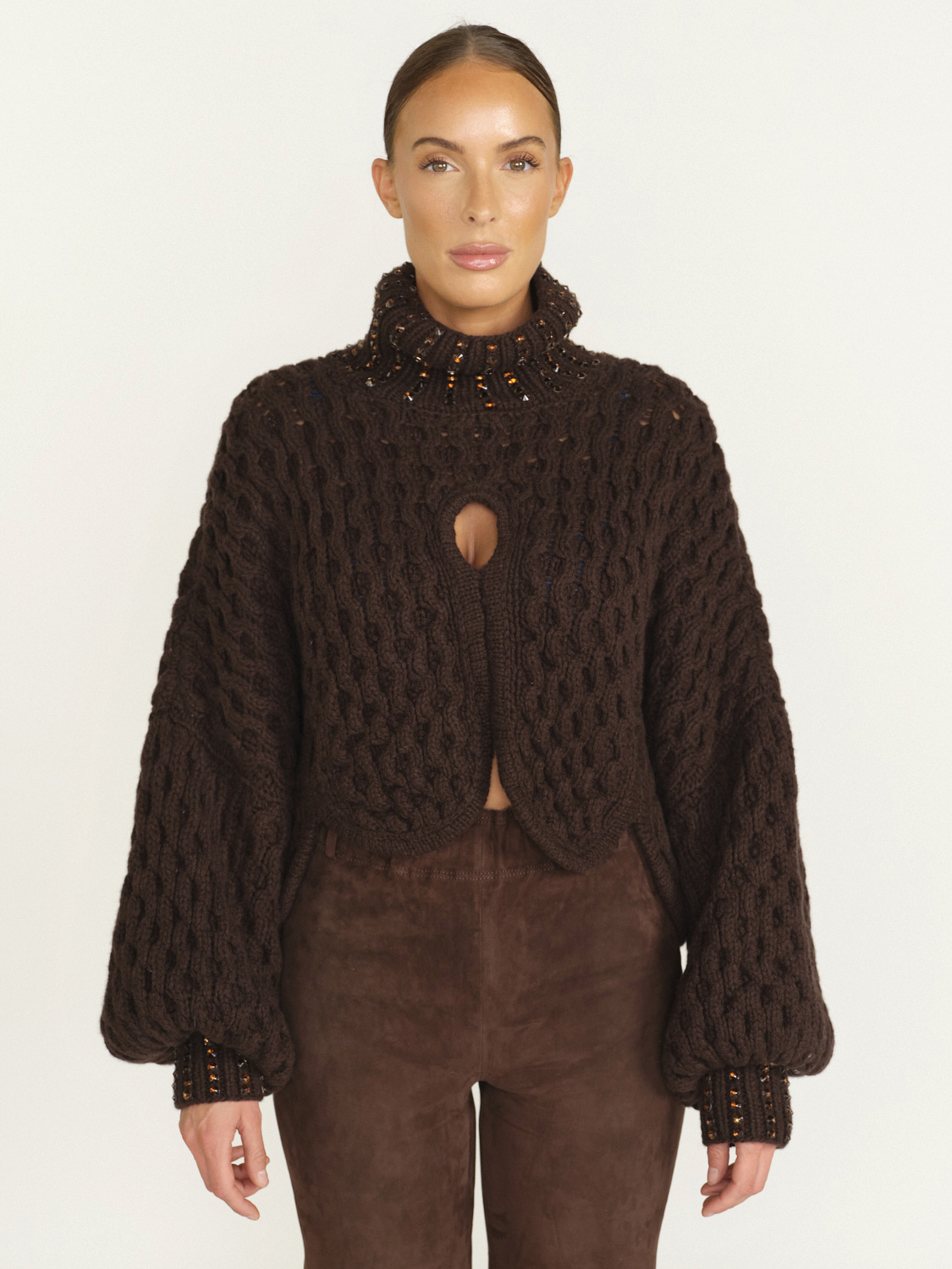 Letanne Oversized turtleneck sweater with crystals on collar brown One Size