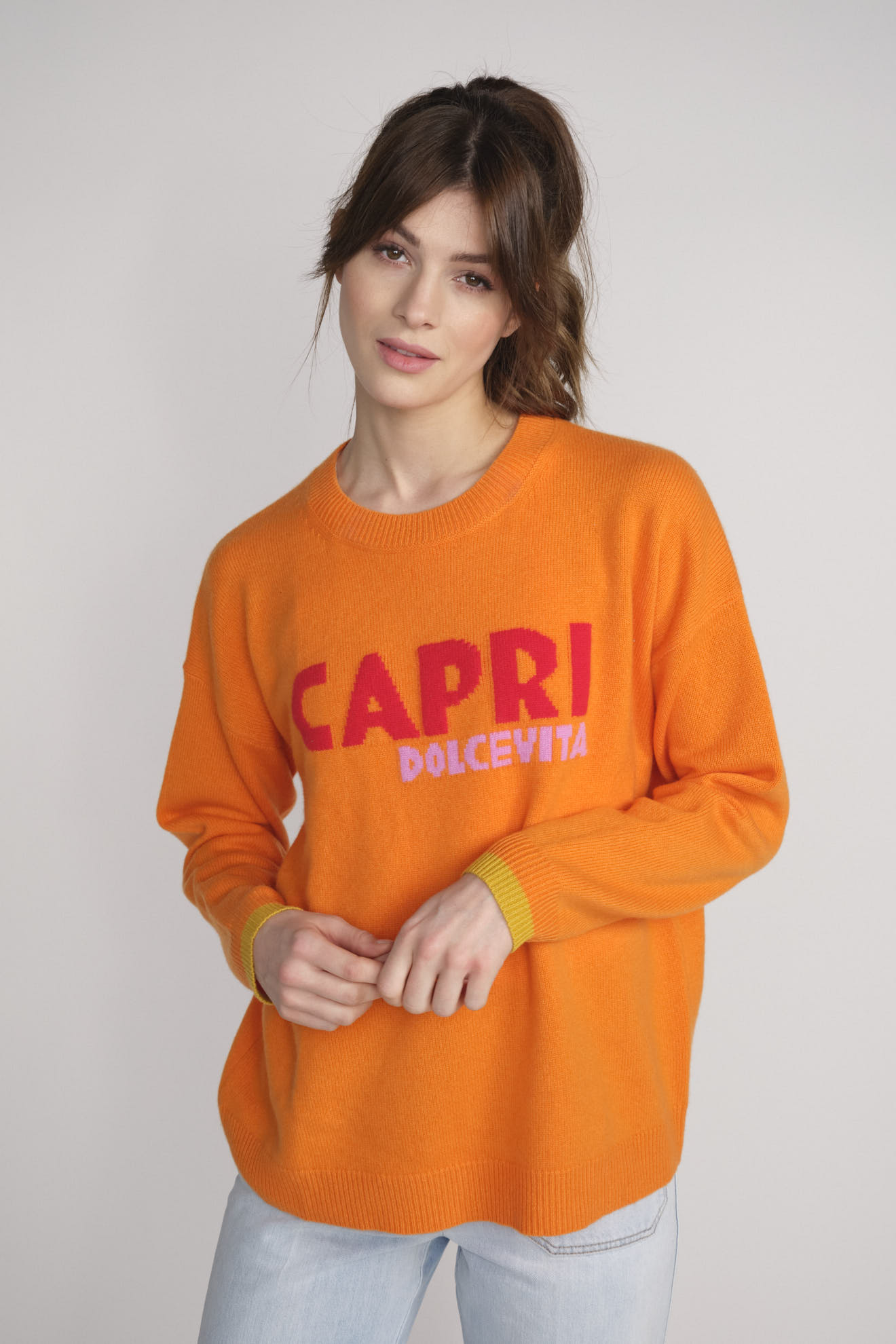 Catrin Schanz Capri - Pull à manches longues en cachemire avec imprimé orange L
