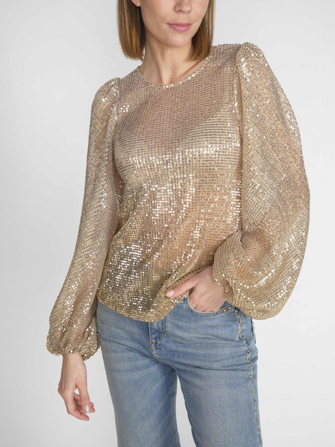 Dorothee Schumacher Shimmering Dreams – Transparente Mesh-Bluse mit Pailletten-Besatz  gold M