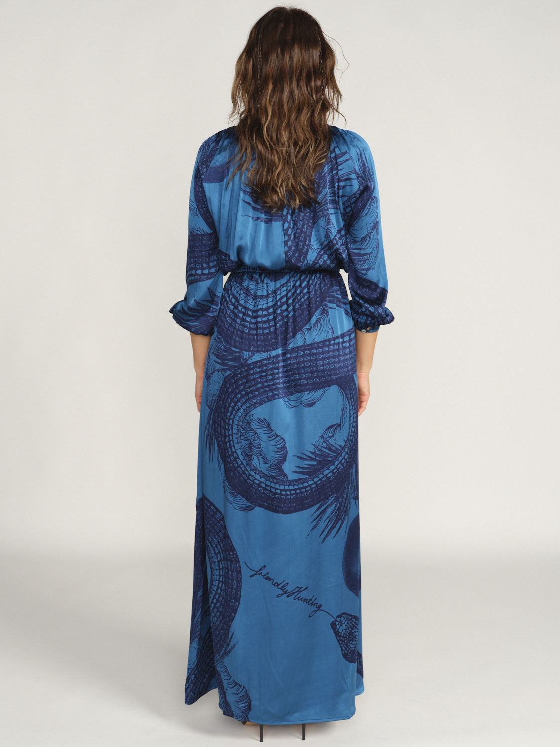 friendly hunting Garden Eden - silk maxi dress with print design petrol M