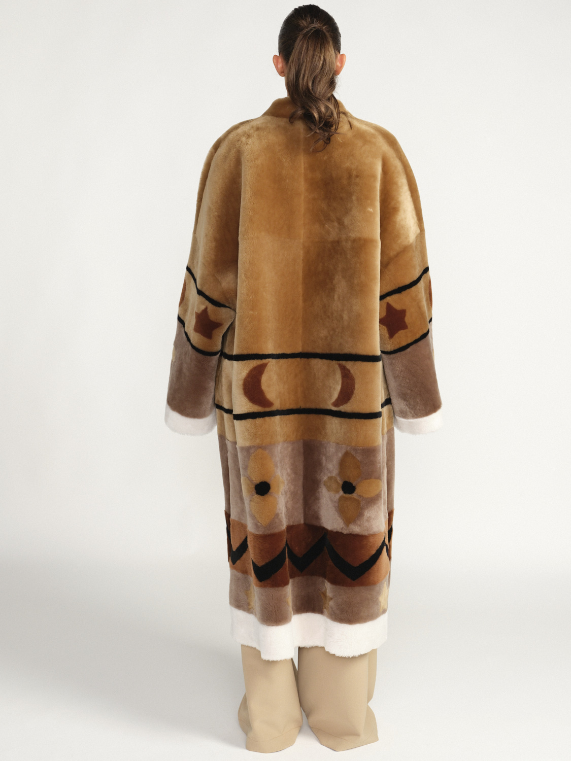 Blancha Sheepskin coat with moon and stripes design brown S/M