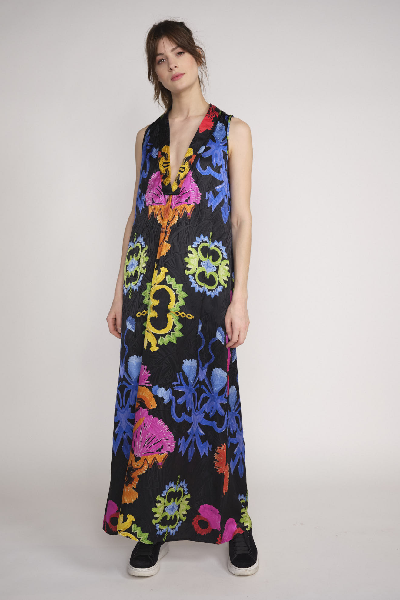 Rianna+Nina Mesogios Dress Sifnos - Wide silk midi dress with graphic prints black S/M
