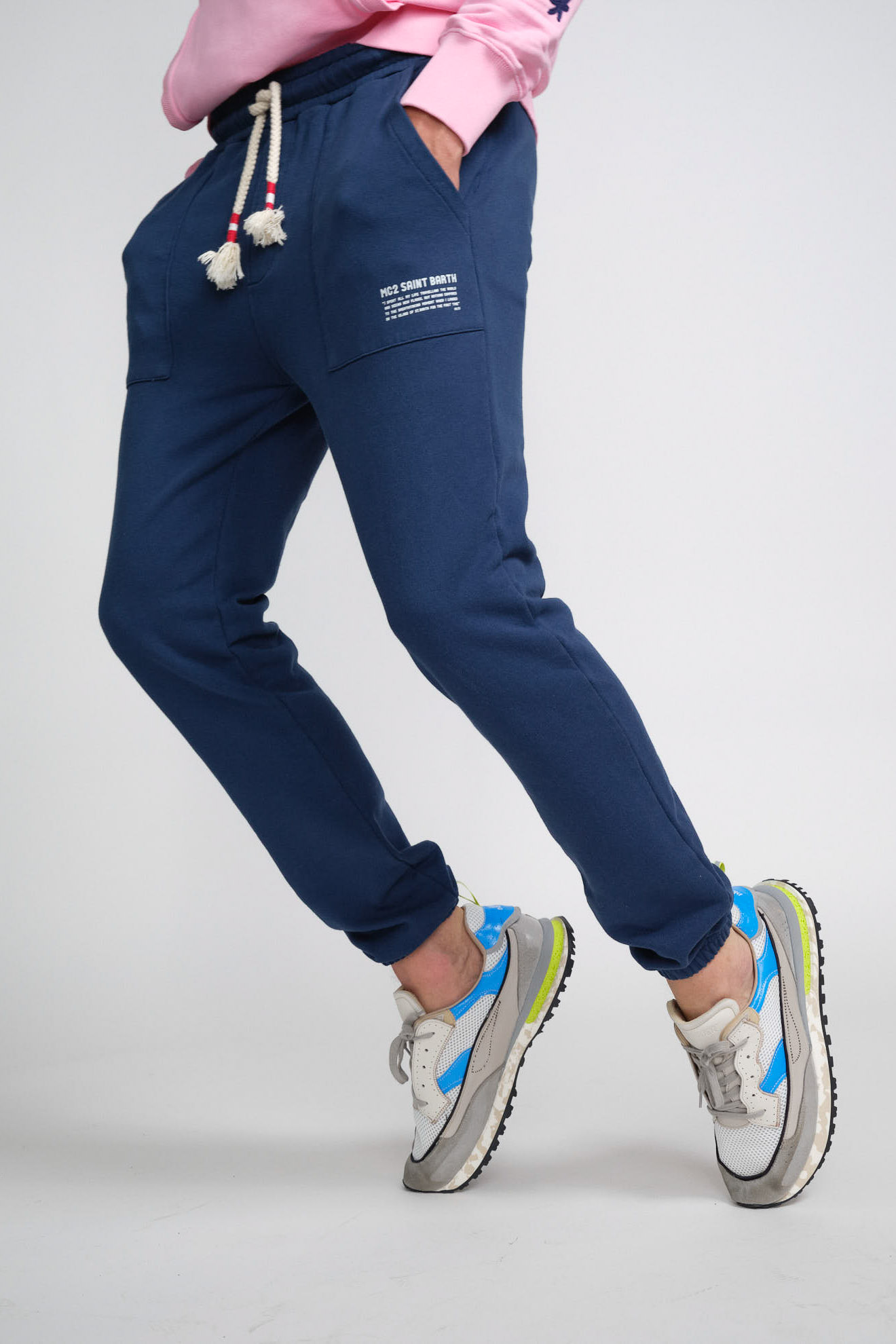 st.barth pants bolt dark blue branded outfit st.barth pants dark blue branded cotton model side