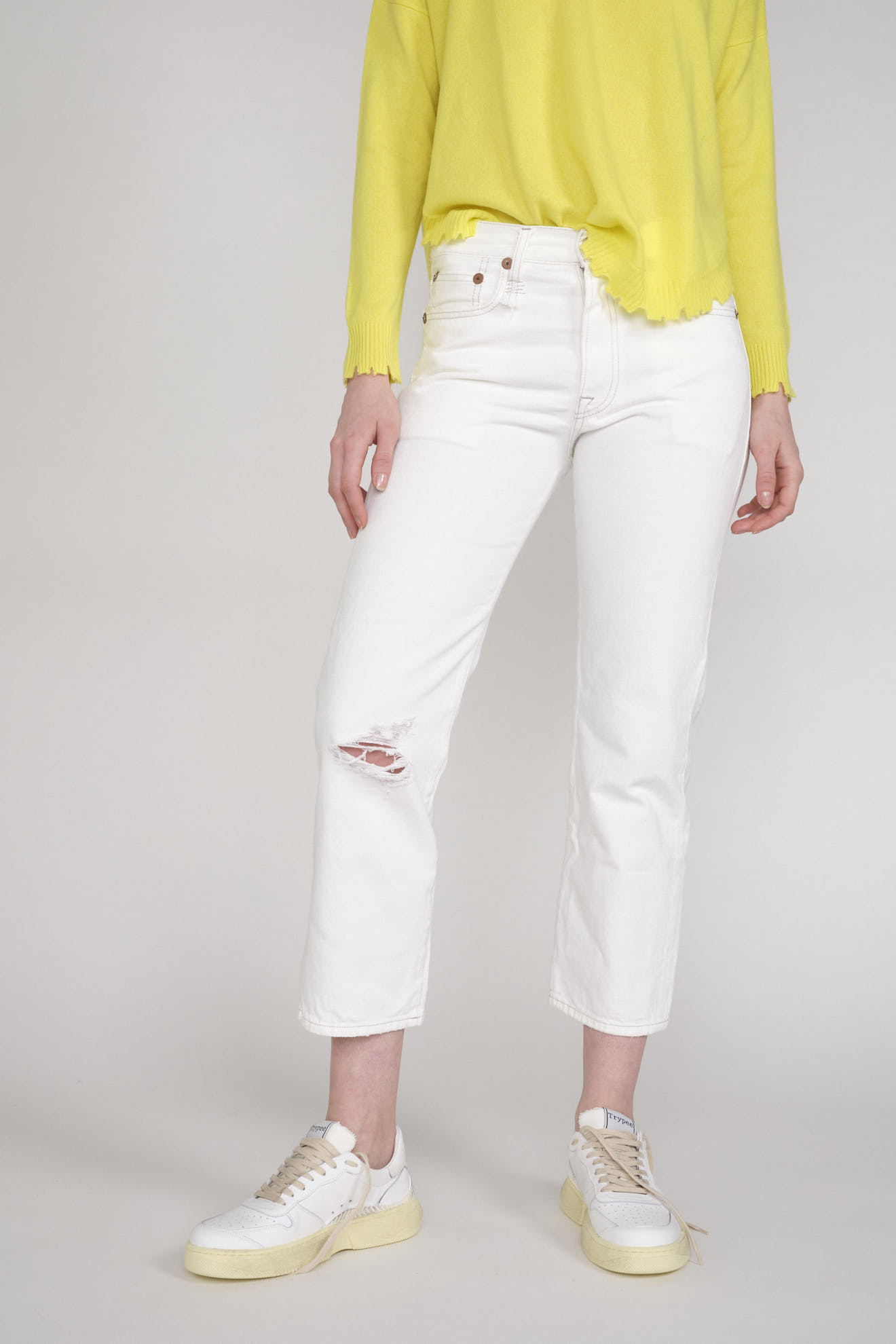 R13 Boy Straight - Jeans en coton à l'aspect usé blanc 25