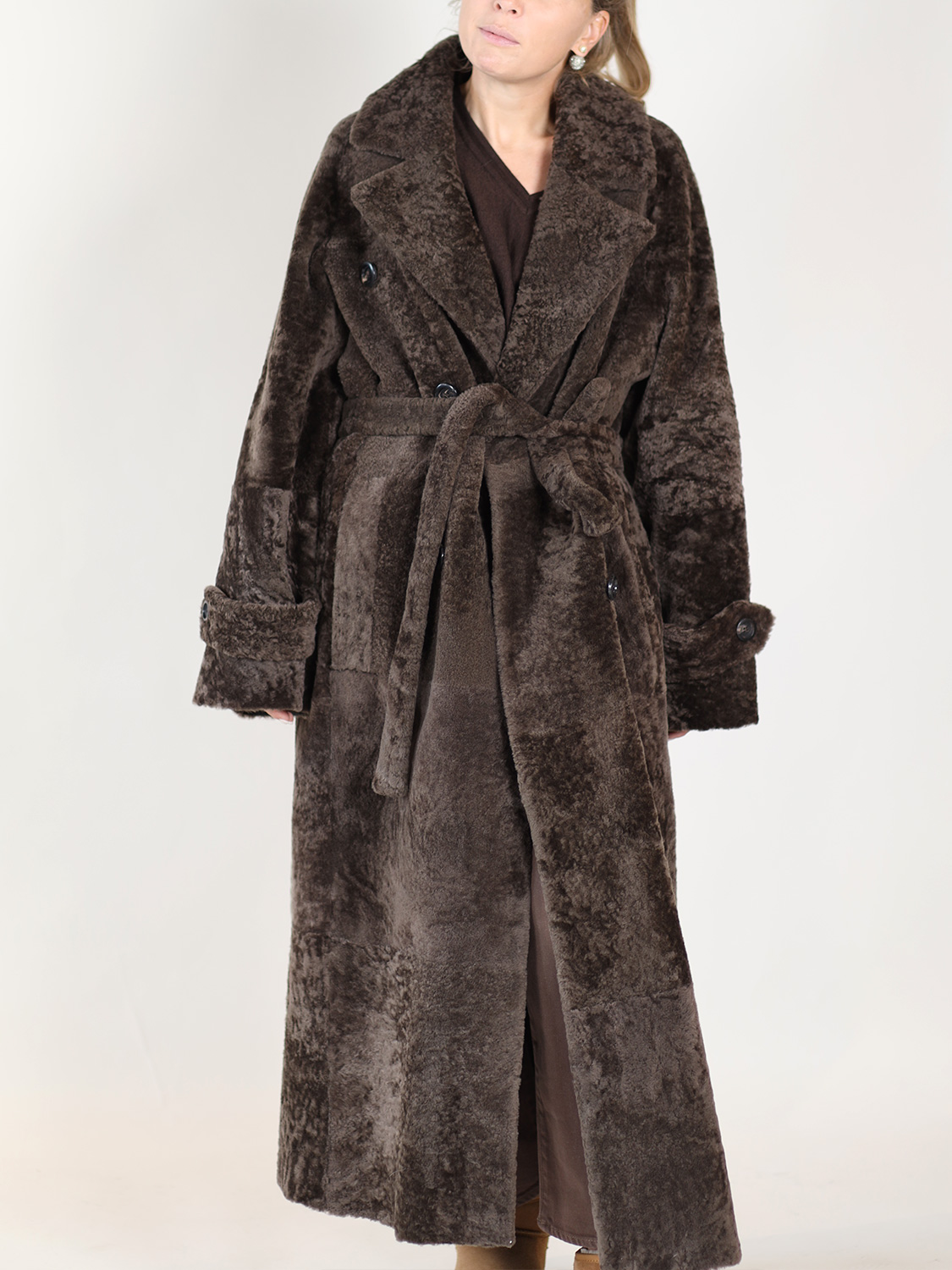 Blancha Light Astrakhan – Long reversible coat with tie belt brown 34