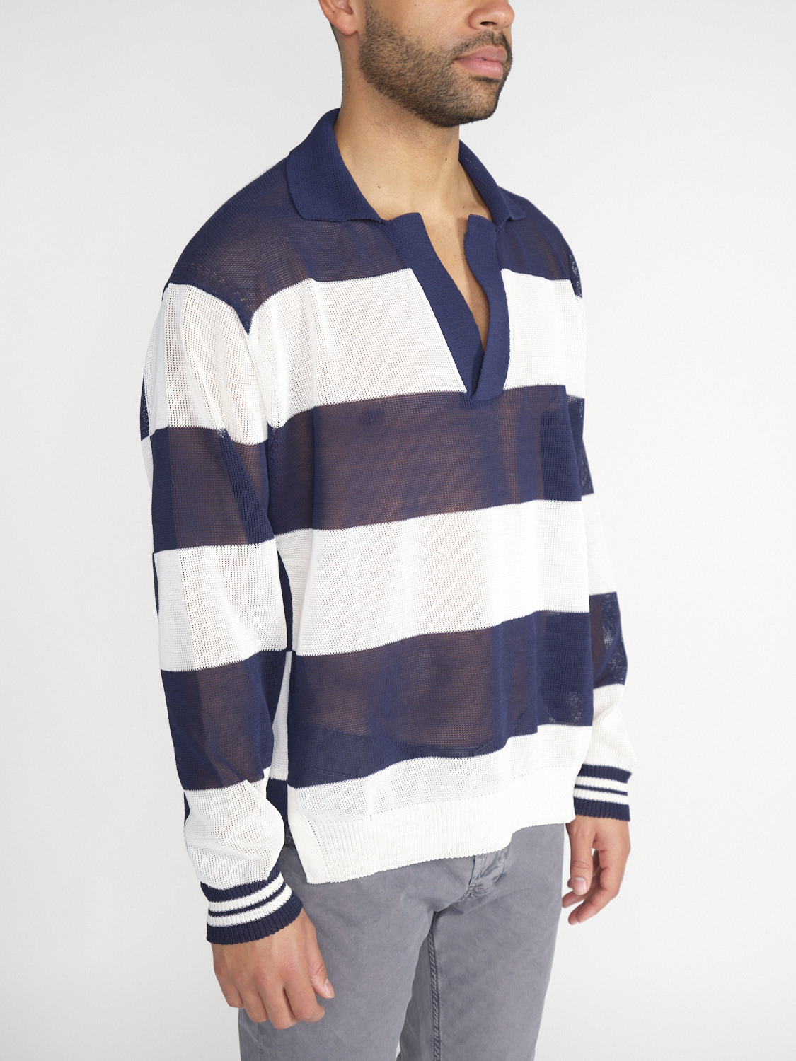 Roberto Collina Polo – Striped ajour knit sweater marine 50 Roberto Collina Polo – Striped ajour knit sweater marine 50