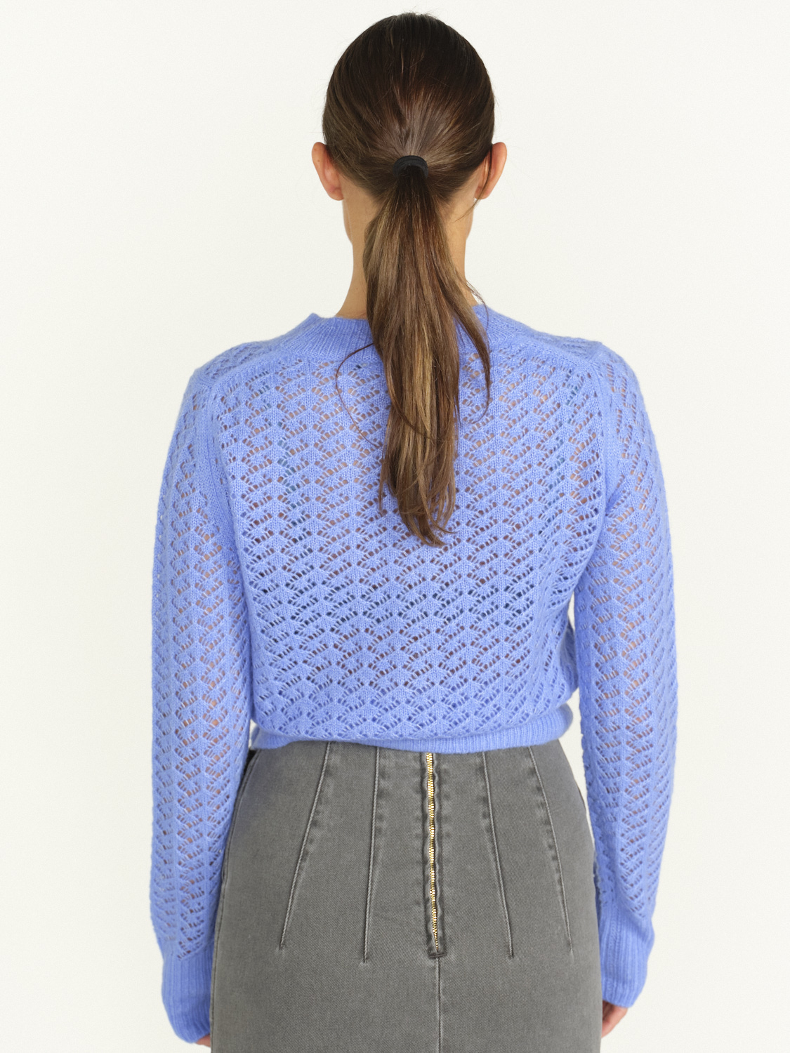 Iris von Arnim Cropped Cashmere Silk Cardigan - Cashmere Silk Cardigan with Ajour Pattern blue M