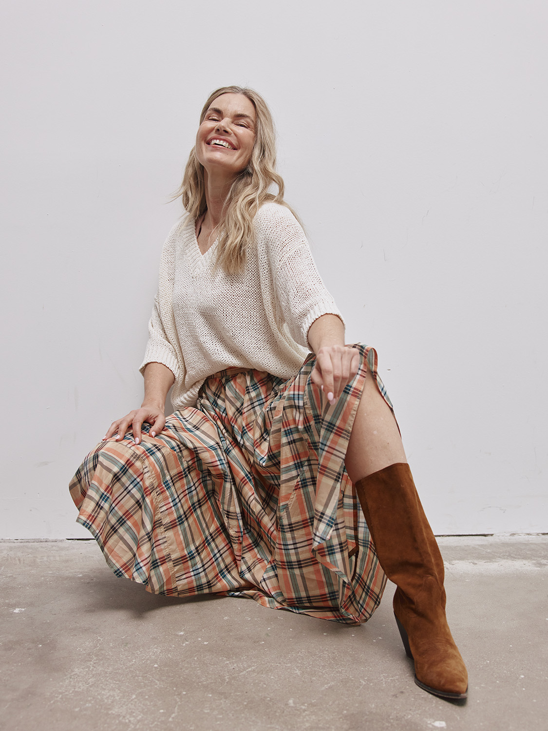 Anette Skirt - Checked maxi skirt in silk-cotton blend