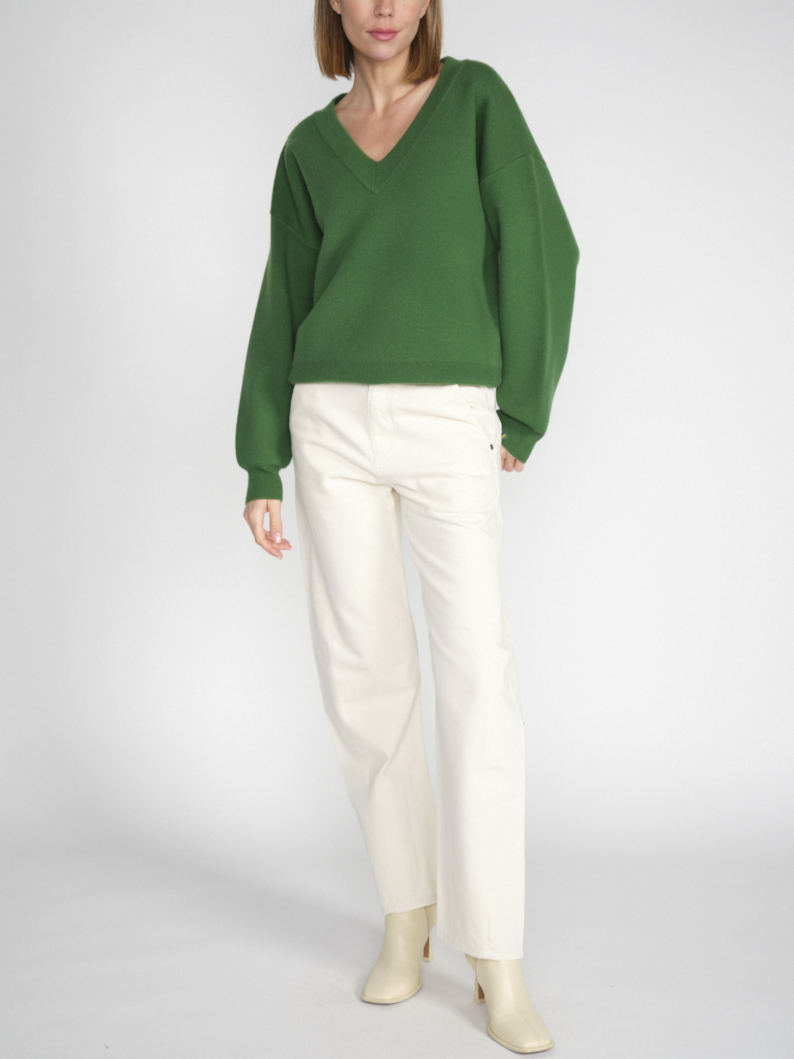 Extreme Cashmere N° 316 Lana - Jersey de cachemira con cuello de pico y doble faz  verde Talla única