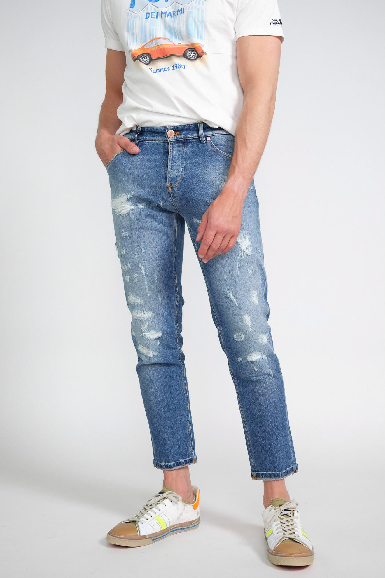 pt torino jeans reggae denim einfarbig outfit pt Torino jeans denim destroyed baumwolle model frontansicht