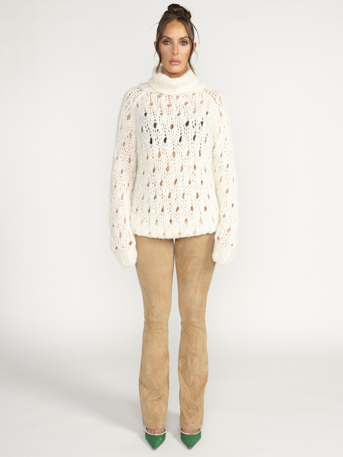 Maiami Curly Alpaca Lace - Chunky knit sweater with turtleneck white S/M