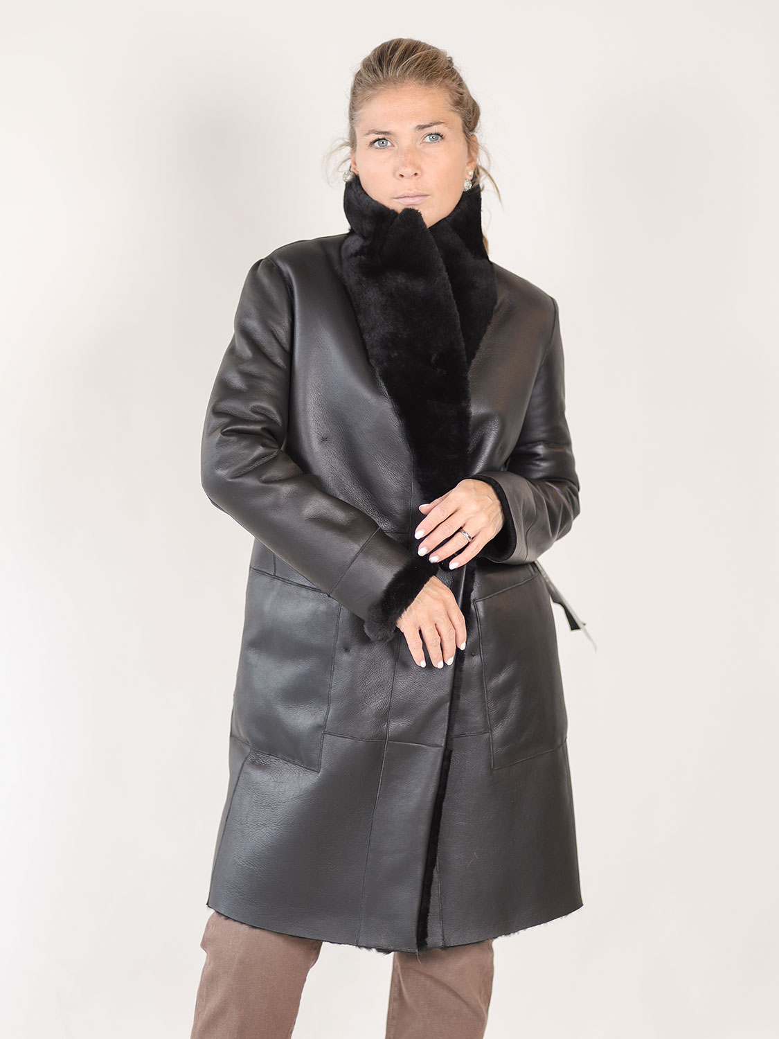 Blancha Light Astrakhan – Double-breasted fur coat 36 black
