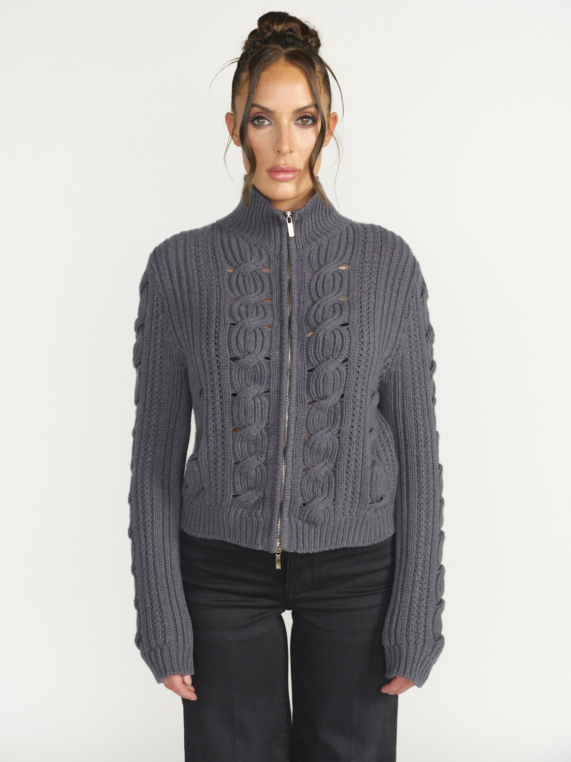 Lorena Antoniazzi Cardigan con zip in lana vergine nero 36