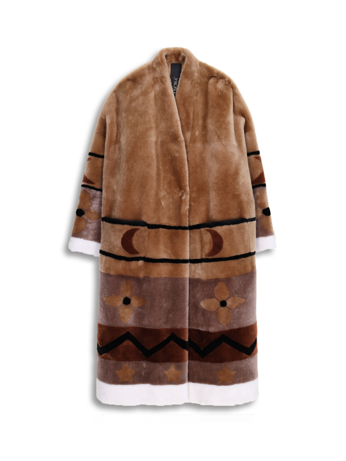 Sheepskin coat with moon and stripes design