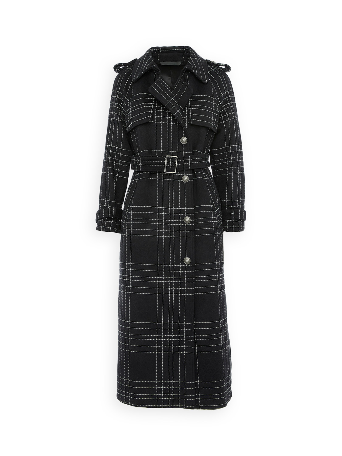 Plaid coat with tie belt made of wool