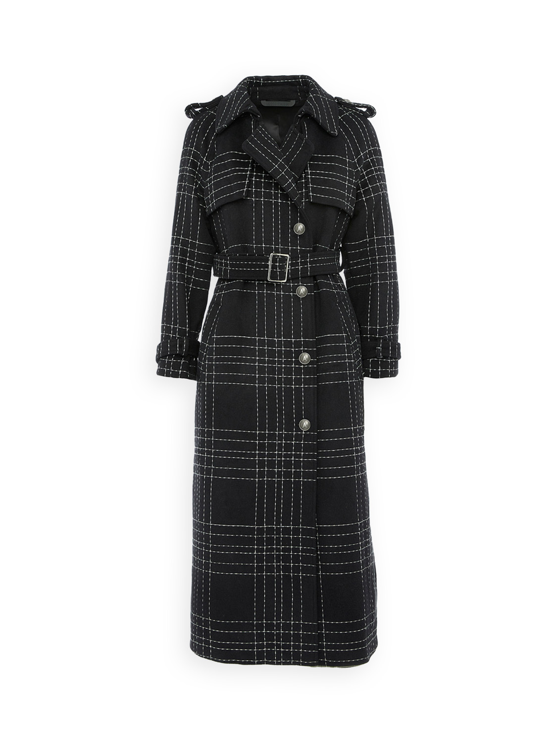 Ahirain Plaid coat with tie belt made of wool black S