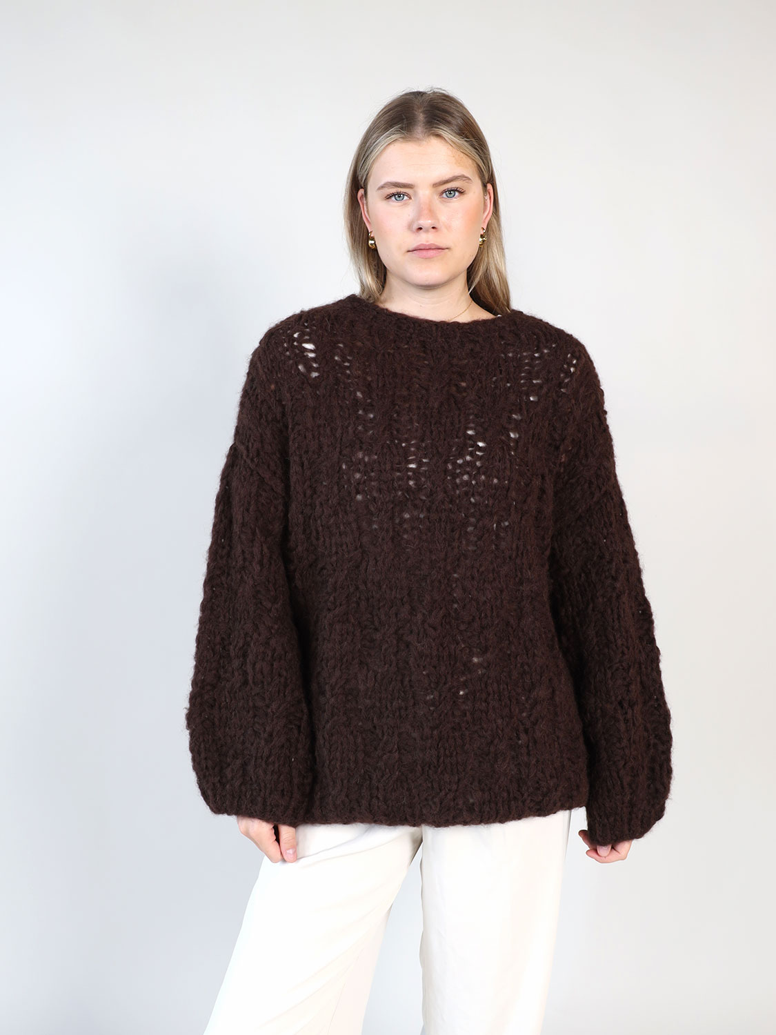 Maiami Alpaka Pullover mit Zopfmuster  braun S/M