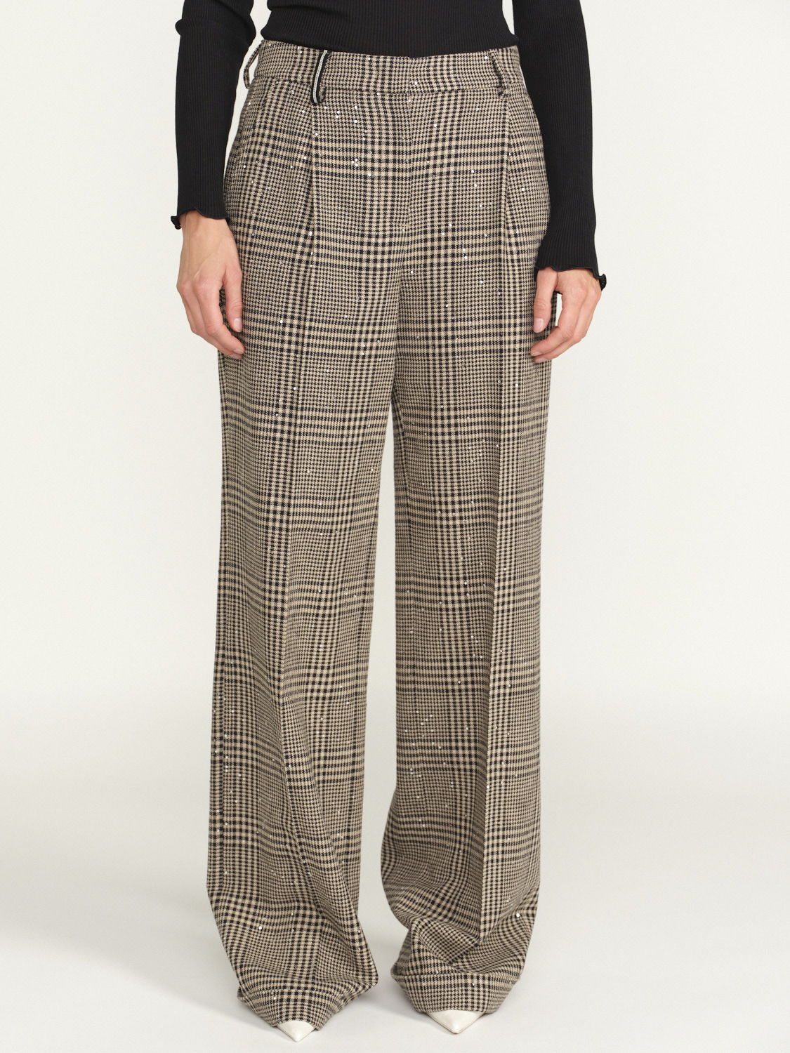 Lorena Antoniazzi Classic pleated pants with houndstooth pattern and sequins  beige 38