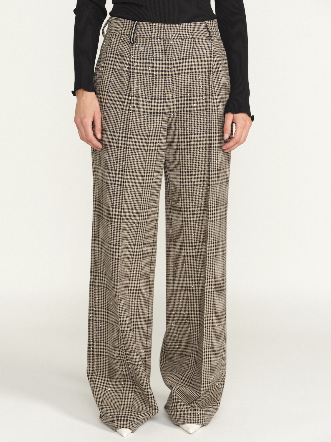 Lorena Antoniazzi Classic pleated pants with houndstooth pattern and sequins  beige 34