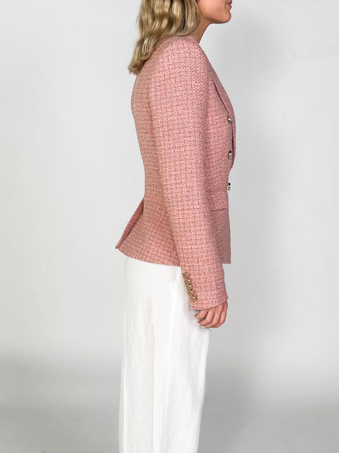 Sly010 Zweireihiger Tweed-Blazer mit goldenen Knöpfen 36 rosa Sly010 Zweireihiger Tweed-Blazer mit goldenen Knöpfen 36 rosa