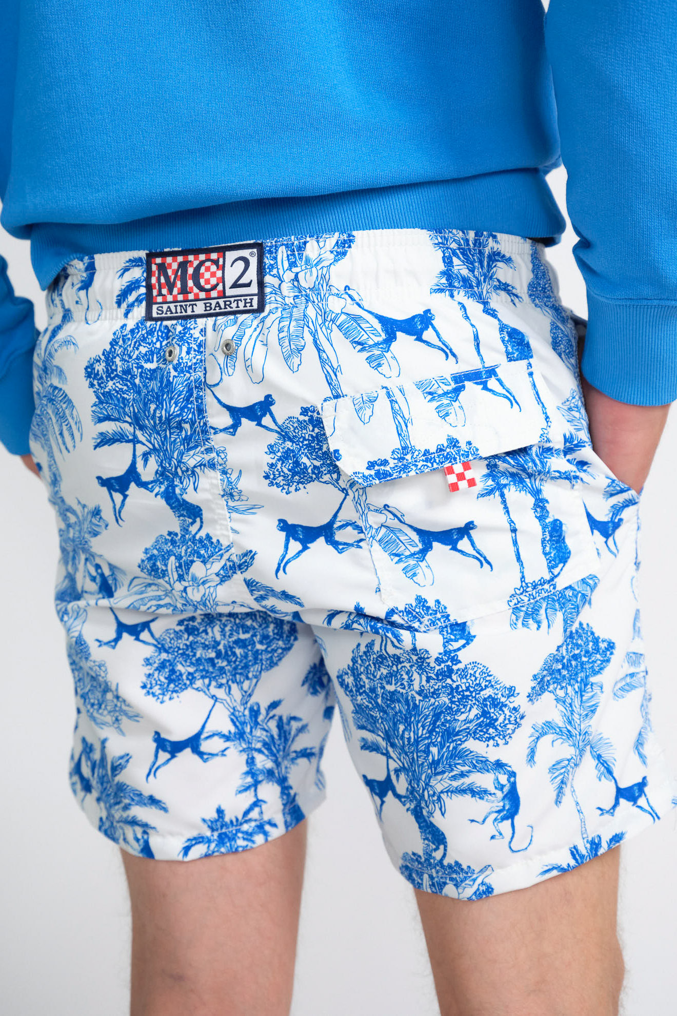 st.barth shorts white blue patterns branded cotton model back