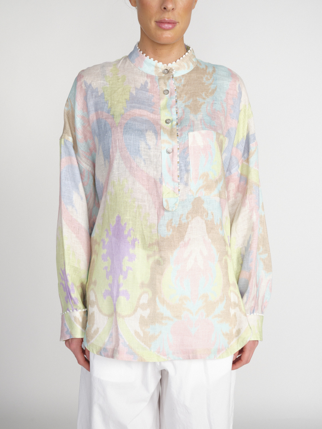Bazar Deluxe Lange Leinen-Bluse mit pastellfarbigem Muster   mehrfarbig 34