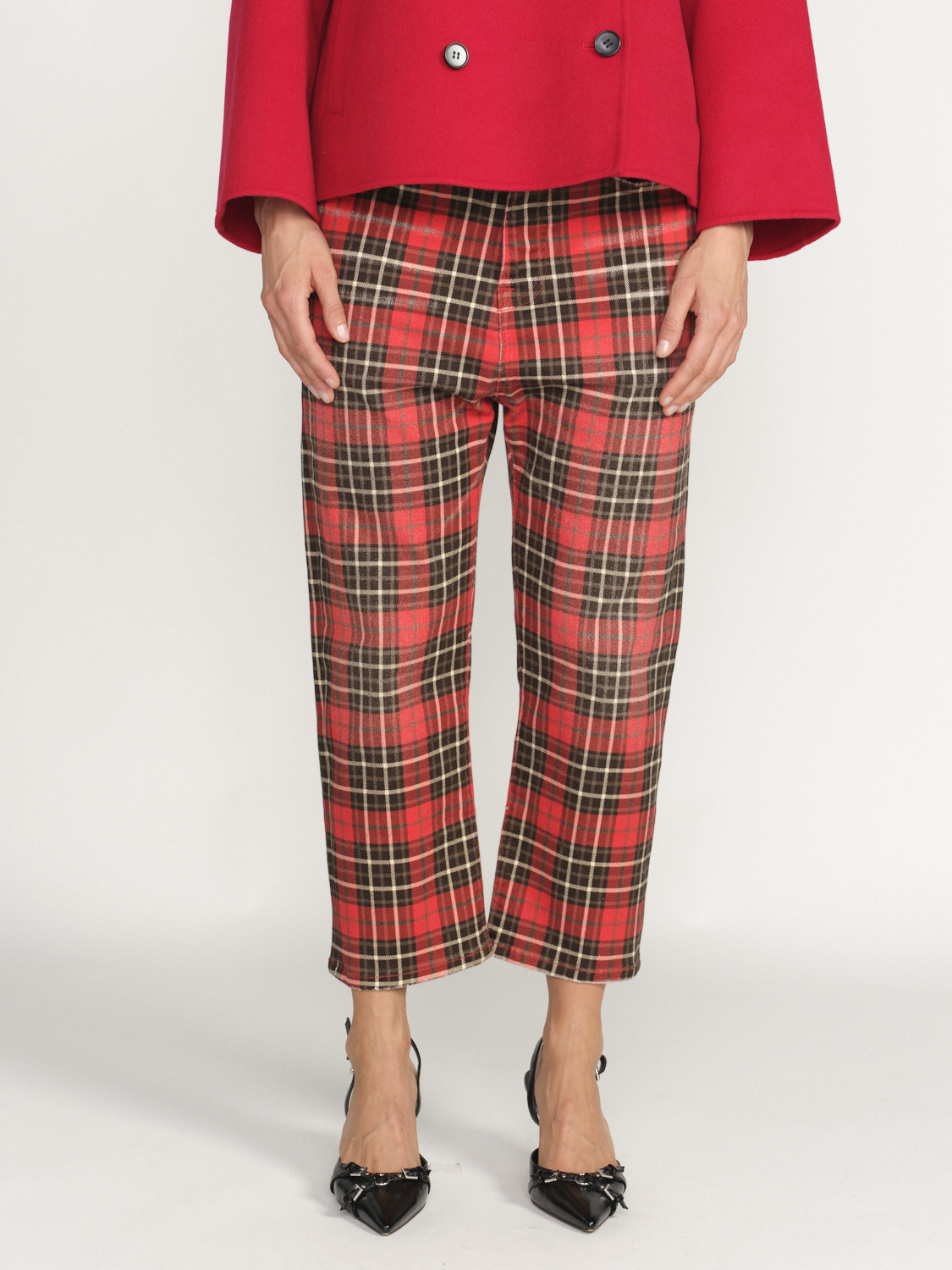 R13 Tailored - Cropped length plaid cotton denim pants red 27