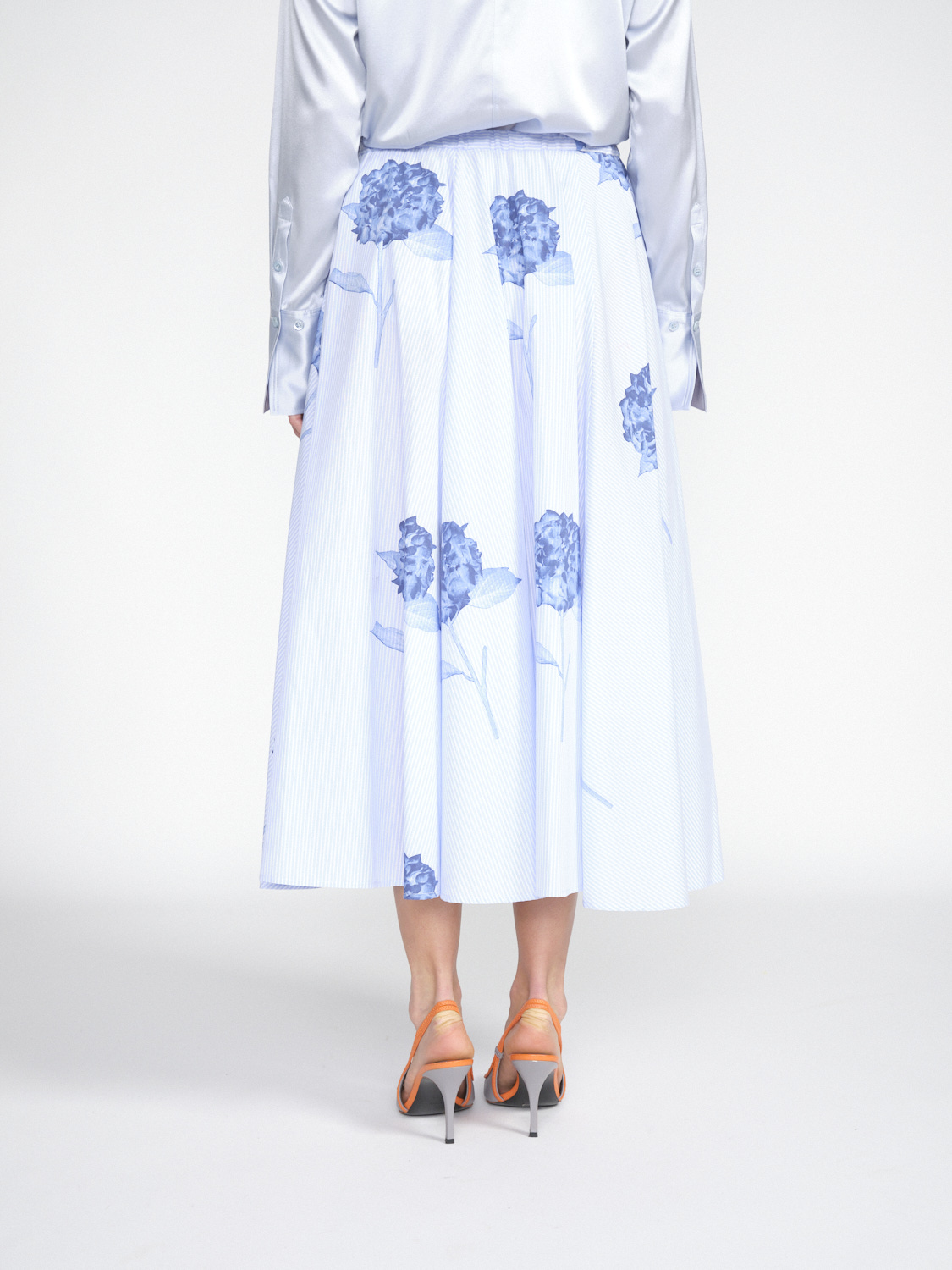 Odeeh Falda circular de algodón a rayas con estampado floral  azul 34