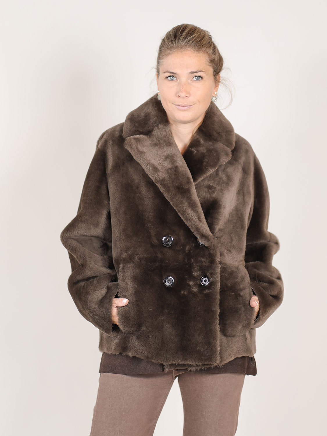 Blancha Straight Merino – Double-breasted fur coat brown 34