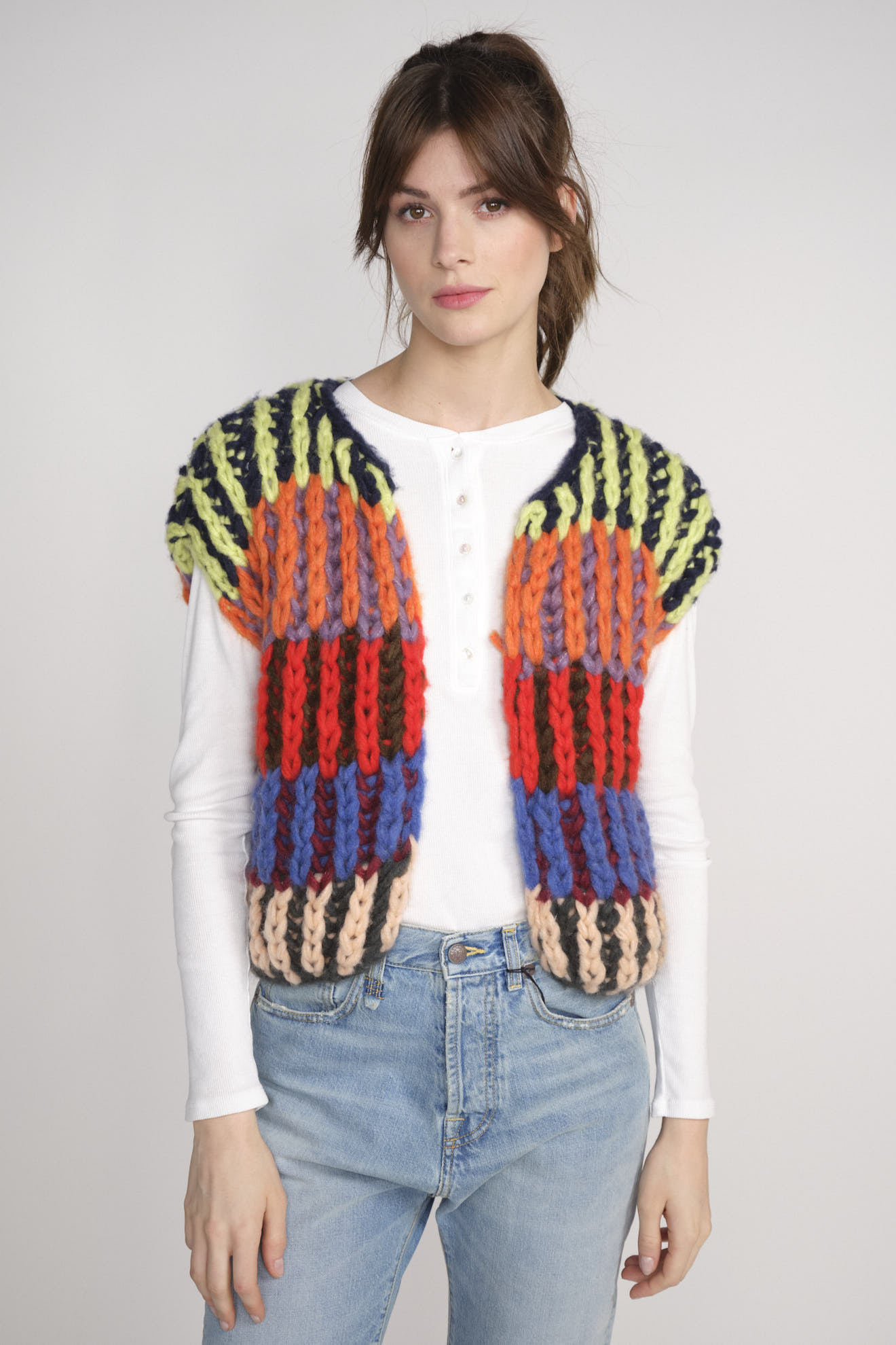 Maiami Cashmere Chunky vest - Colourful chunky knit cardigan in cashmere multi S/M