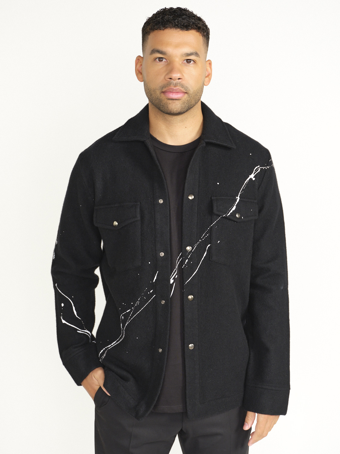 Avant Toi Jacke mit Taschen und Printdruck aus Merinowolle schwarz XXL