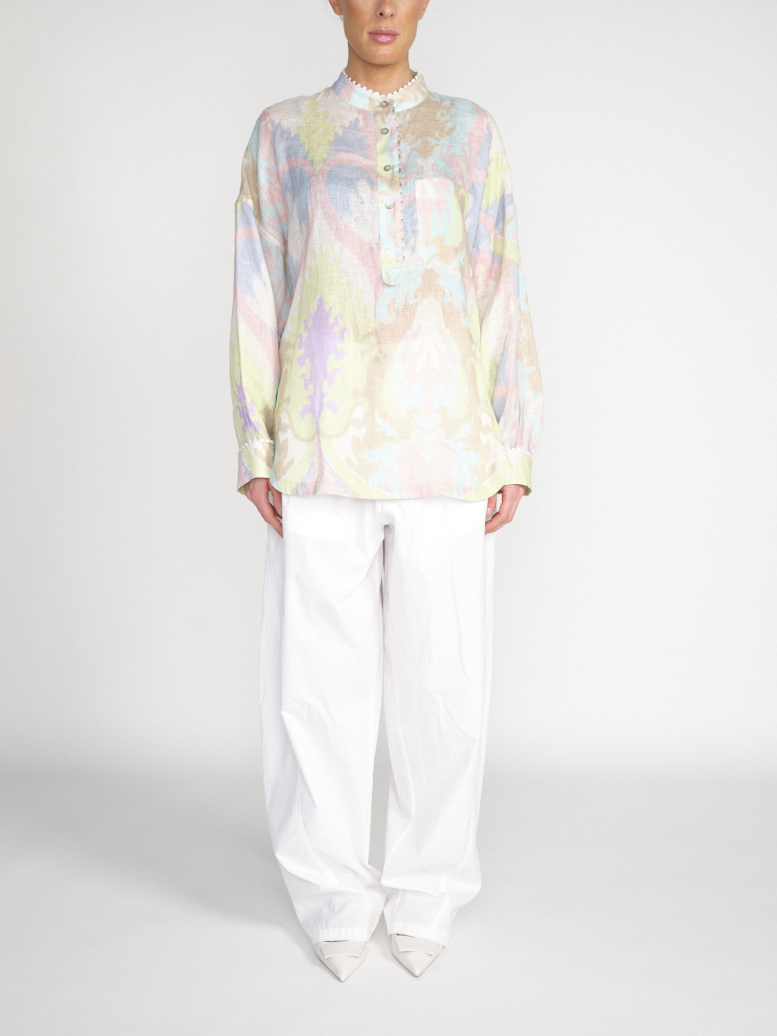 Bazar Deluxe Lange Leinen-Bluse mit pastellfarbigem Muster   multicolor 34