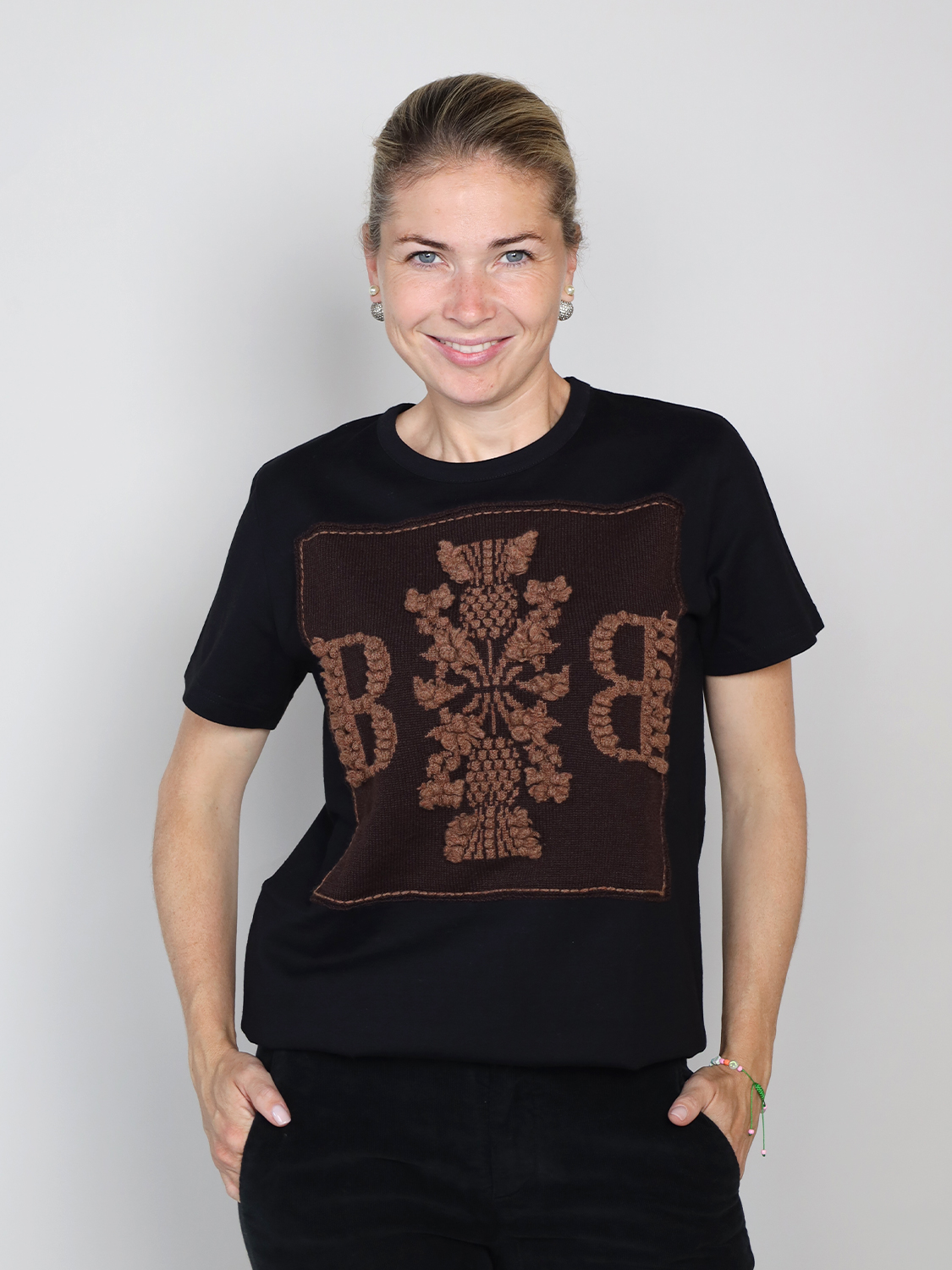 Barrie Baumwoll-T-Shirt mit Kaschmir-Applikation  braun XS