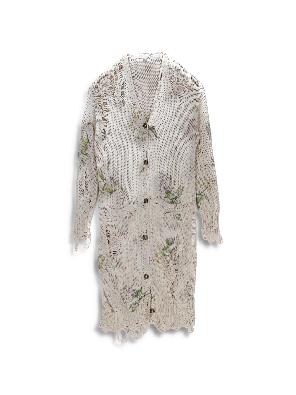 Distressed Long Cardigan - Knitted cardigan with floral pattern