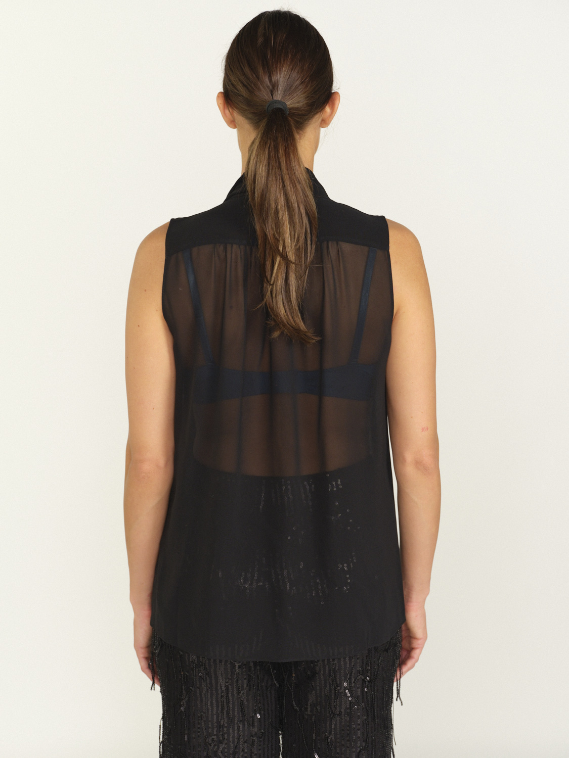 Frame Sleeveless Bow Blouse – Transparente Schluppenbluse aus Seide   schwarz M