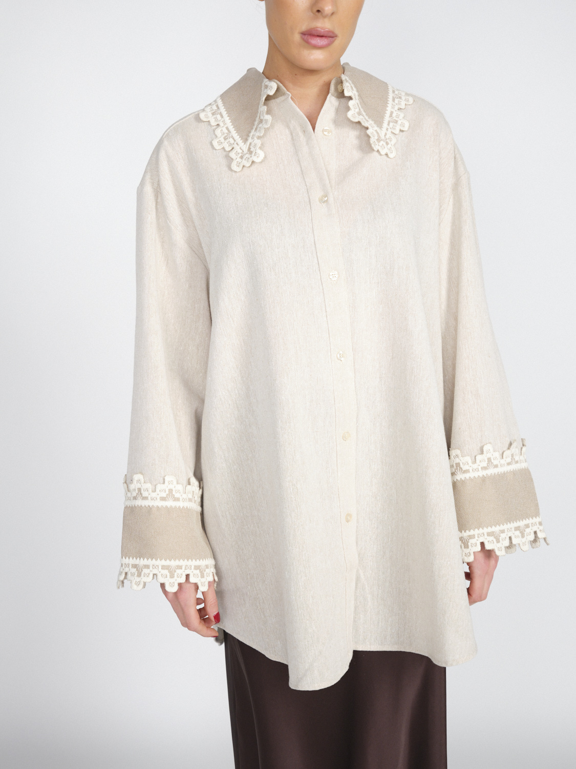 By Malene Birger Oversized cotton blend blouse with graphic embroidery  beige 36