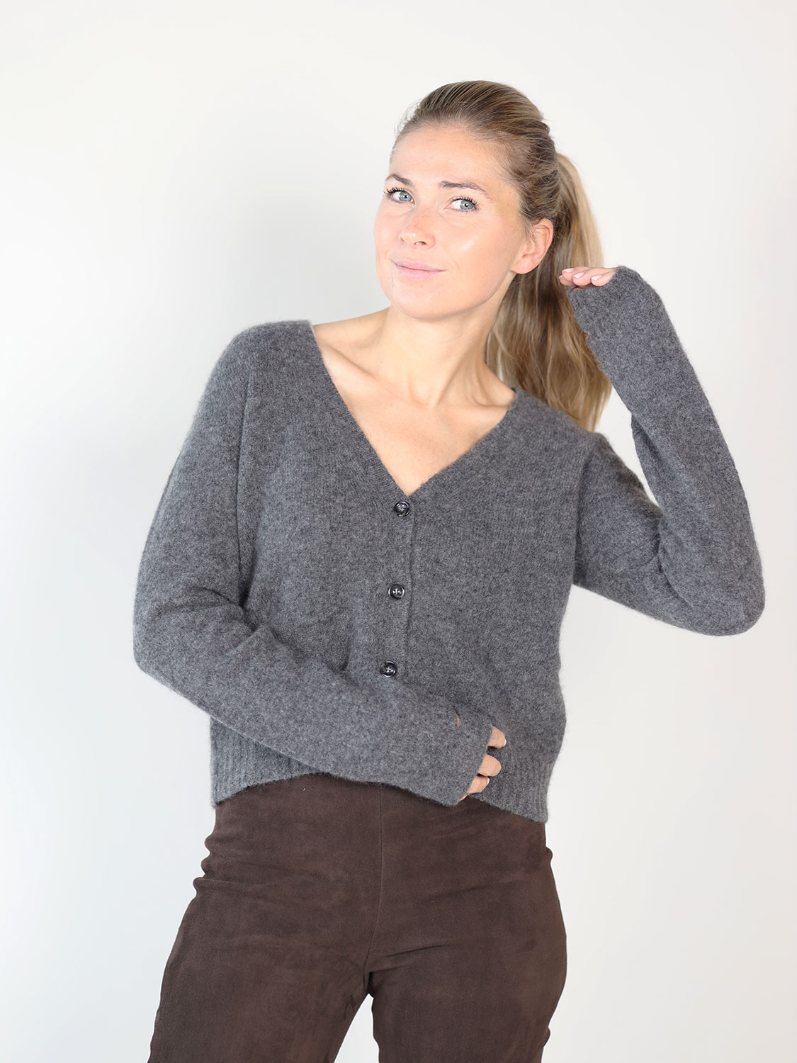 Roberto Collina Strickjacke aus Cashmere-Seiden-Mix  anthrazit S