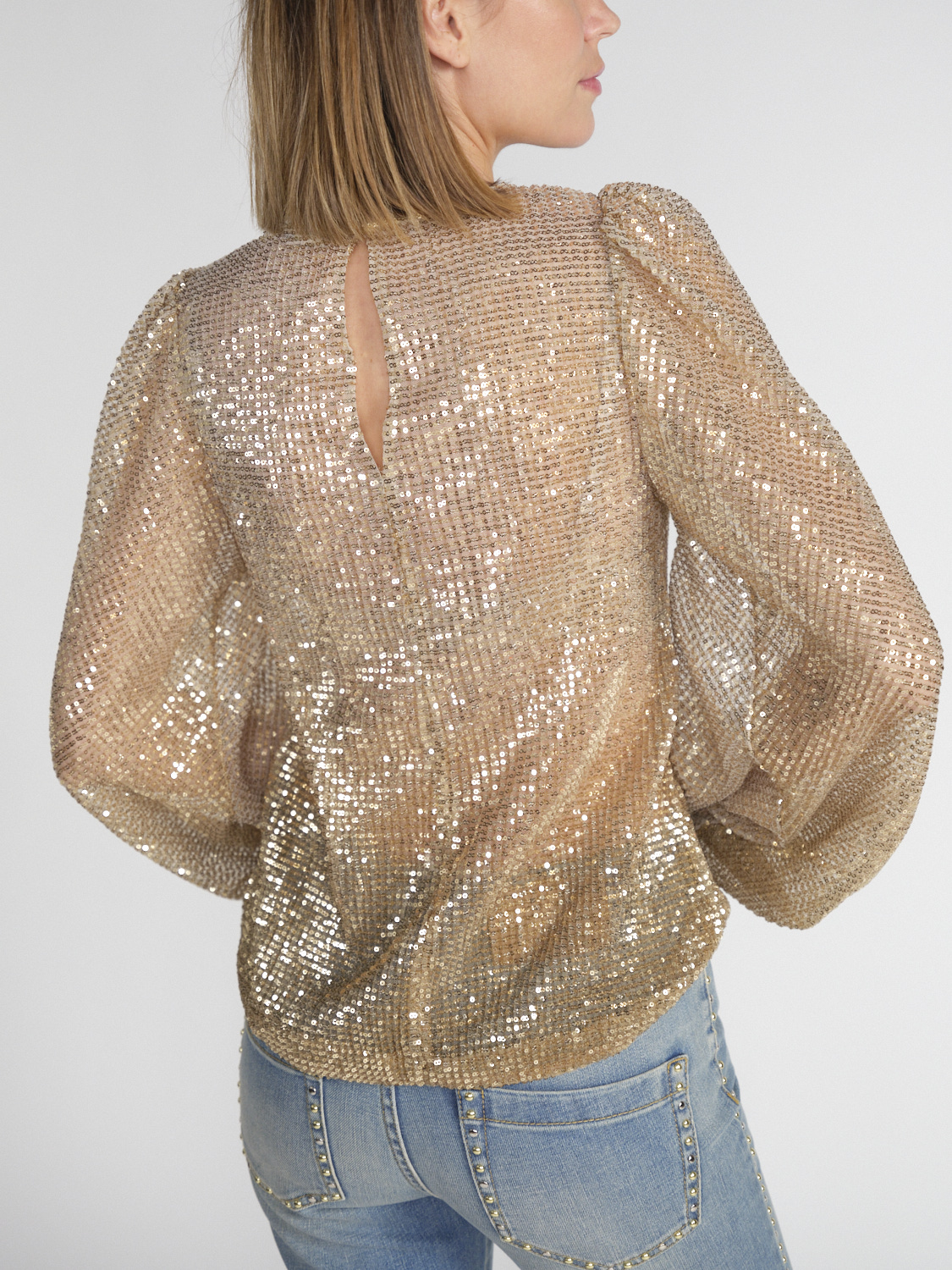 Dorothee Schumacher Shimmering Dreams – Transparente Mesh-Bluse mit Pailletten-Besatz  gold M