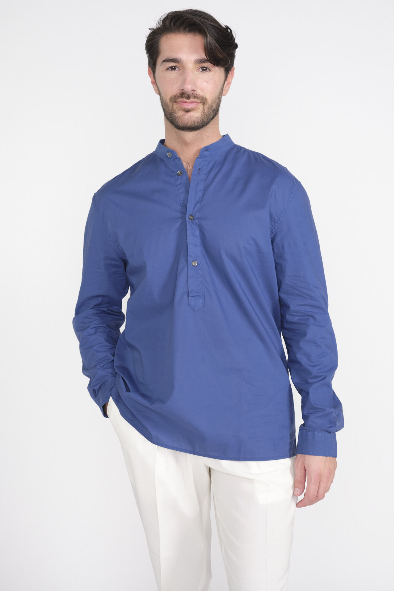 Camisa de algodón de manga larga con tapeta de botones azul M