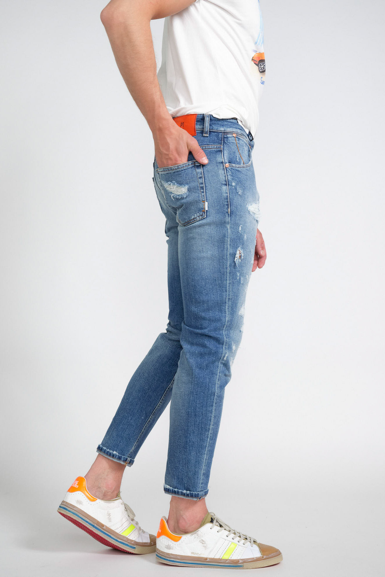 pt Torino jeans denim destroyed red detail cotton model side