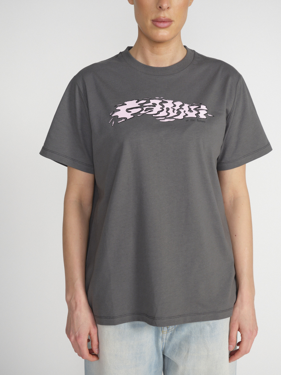 Ganni Relaxed T-Shirt mit graphischem Logo-Detail   khaki XS