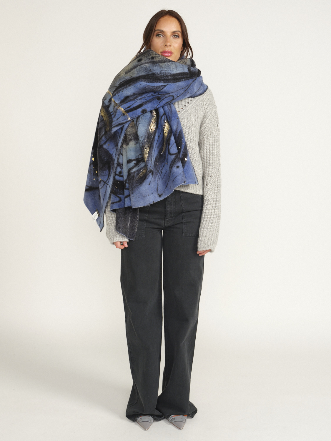 Faliero Sarti Plaid Storm - Rectangular scarf with gold details in wool and cashmere blue One Size