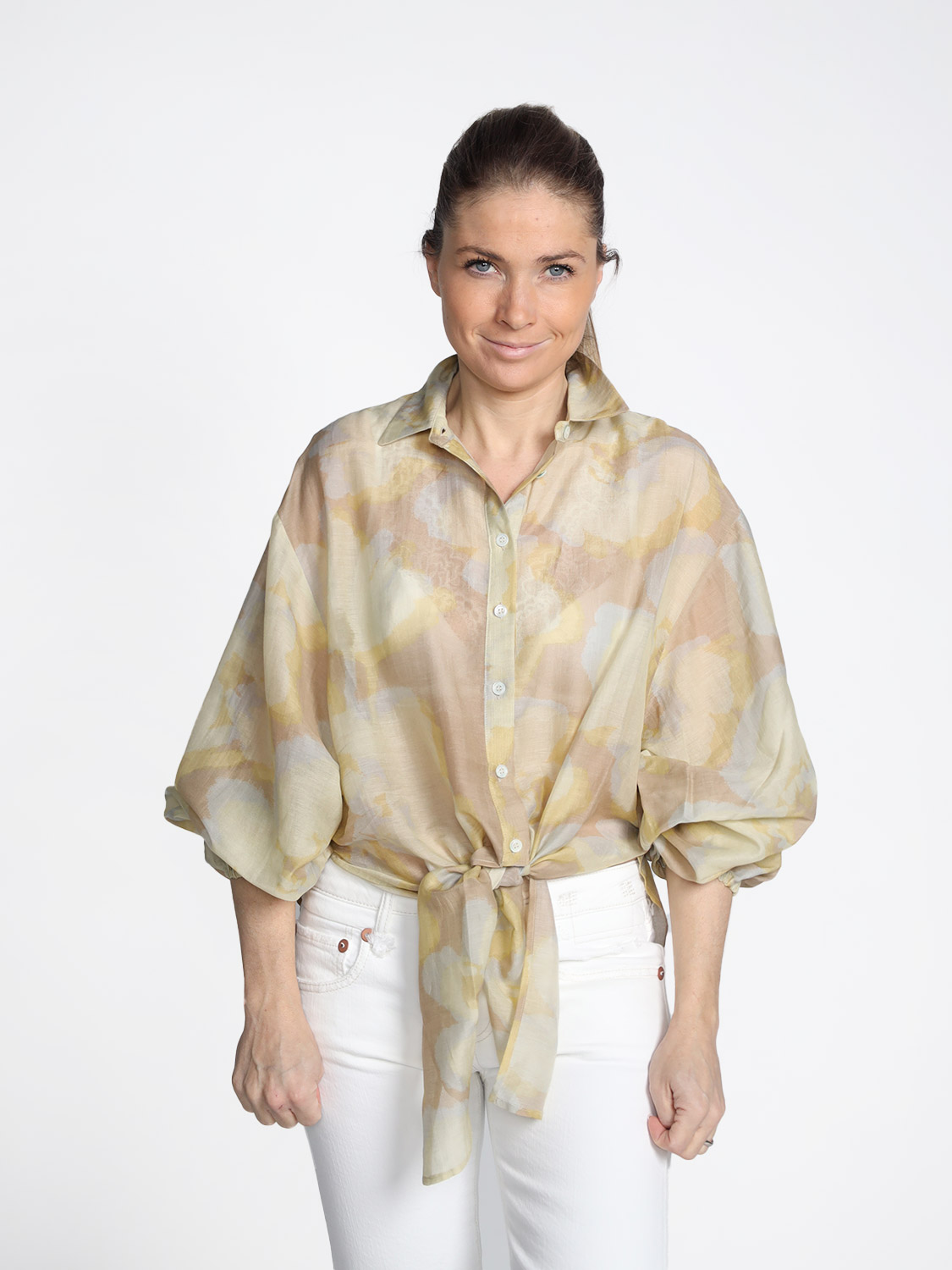 Roberto Collina Stampata – Bluse aus Baumwoll-Seiden-Mix beige XS