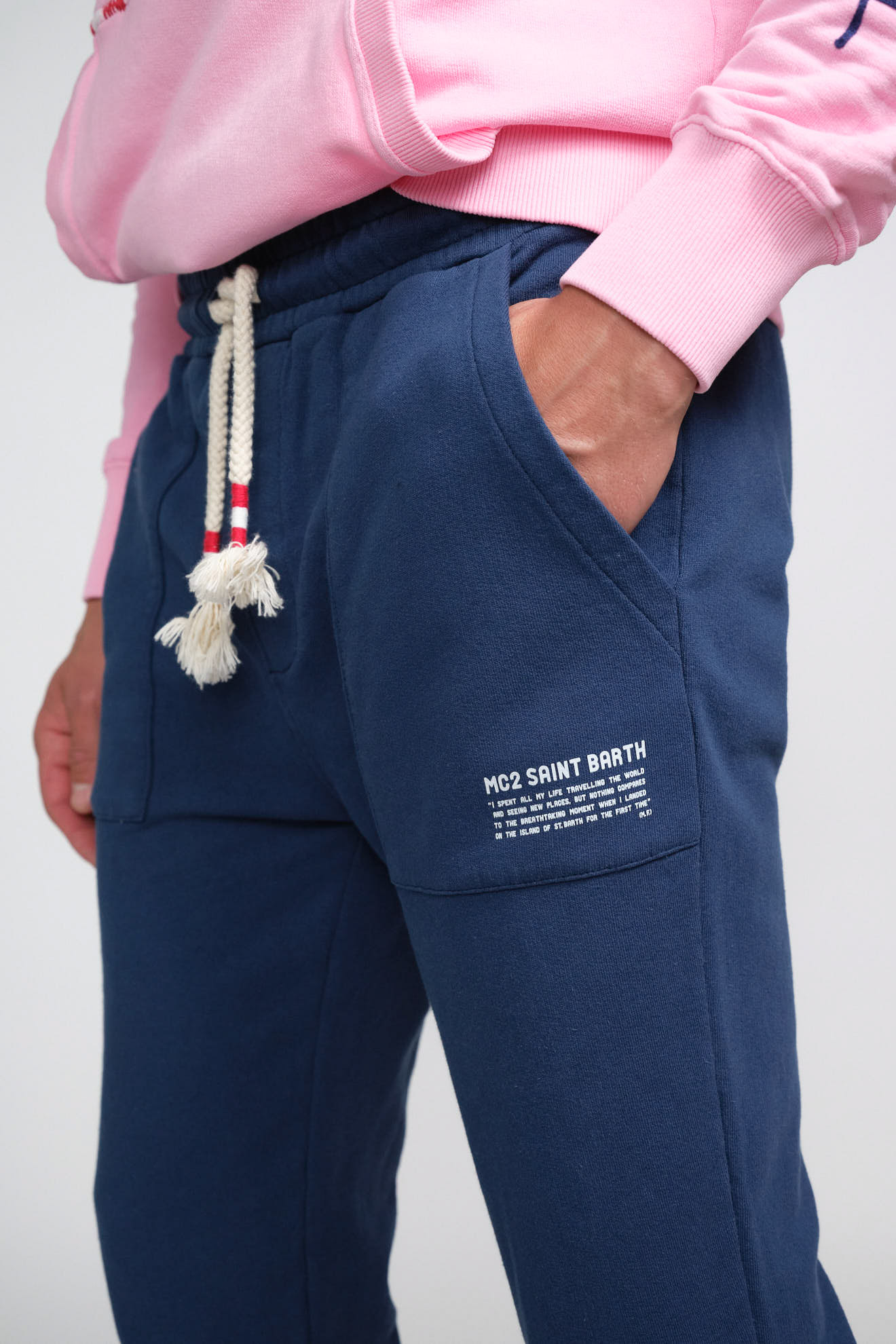 st.barth pants bolt dark blue branded outfit st.barth pants dark blue branded cotton model front