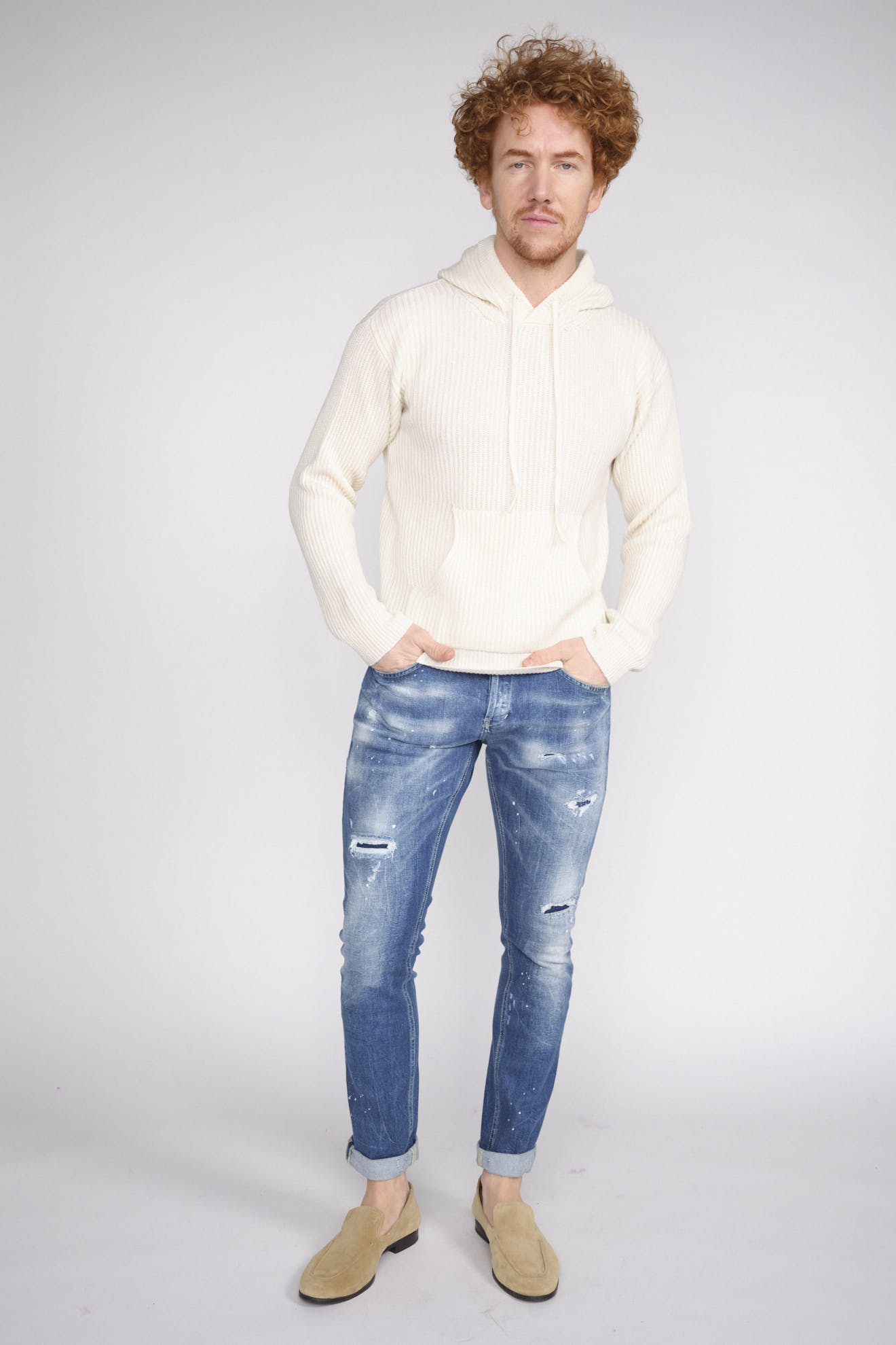 Stephan Boya Jimmy - Felpa con cappuccio in cashmere bianco M