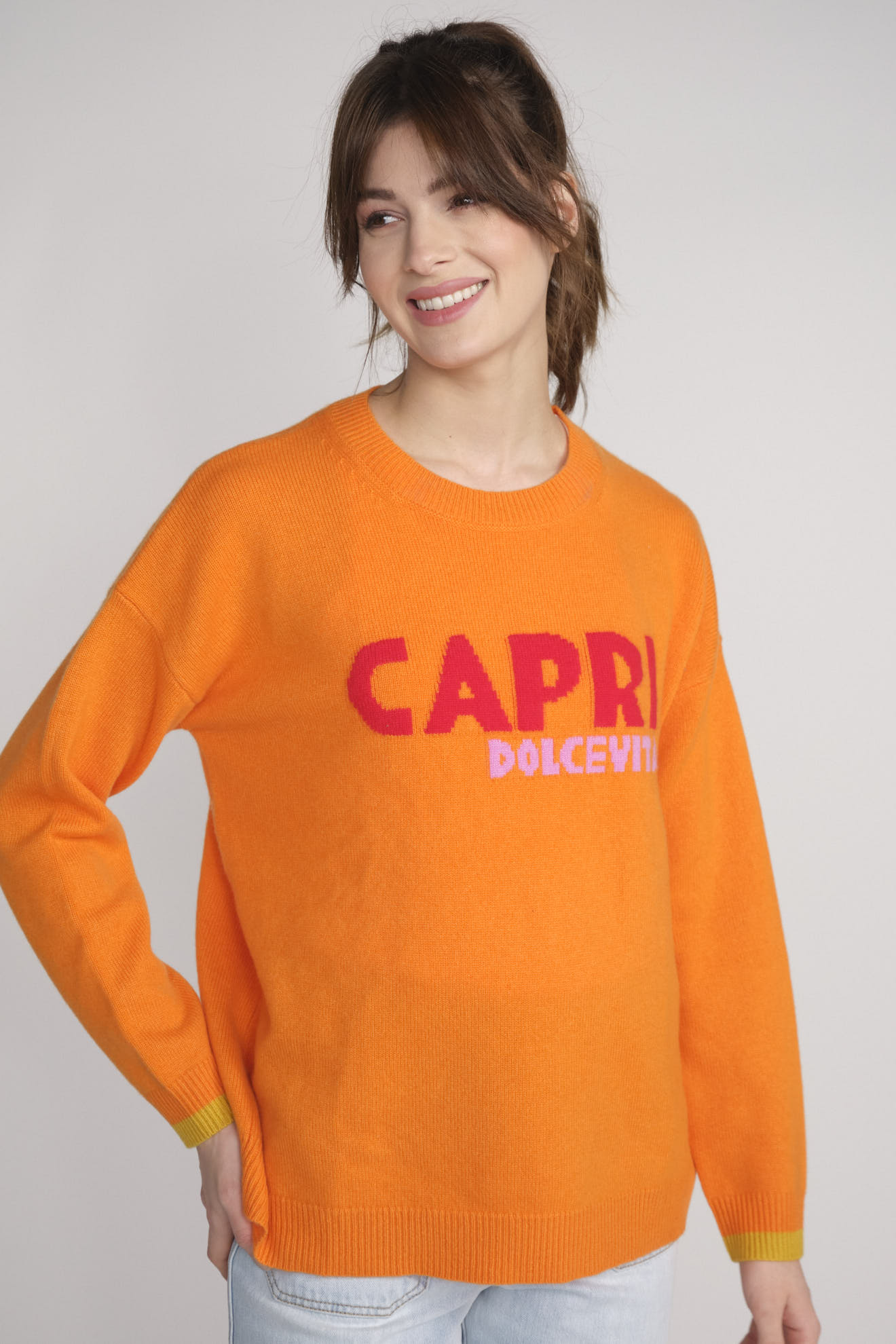 Catrin Schanz Capri – Langarmpullover aus Cashmere mit Print orange M