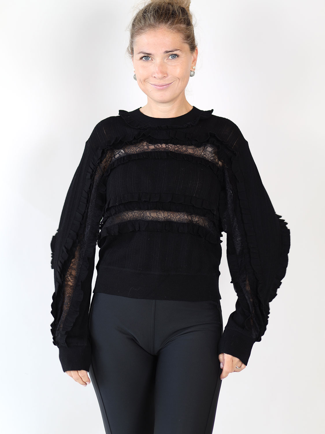 Ulla Johnson Demma – Woll-Strickpullover mit Rüschen  schwarz S