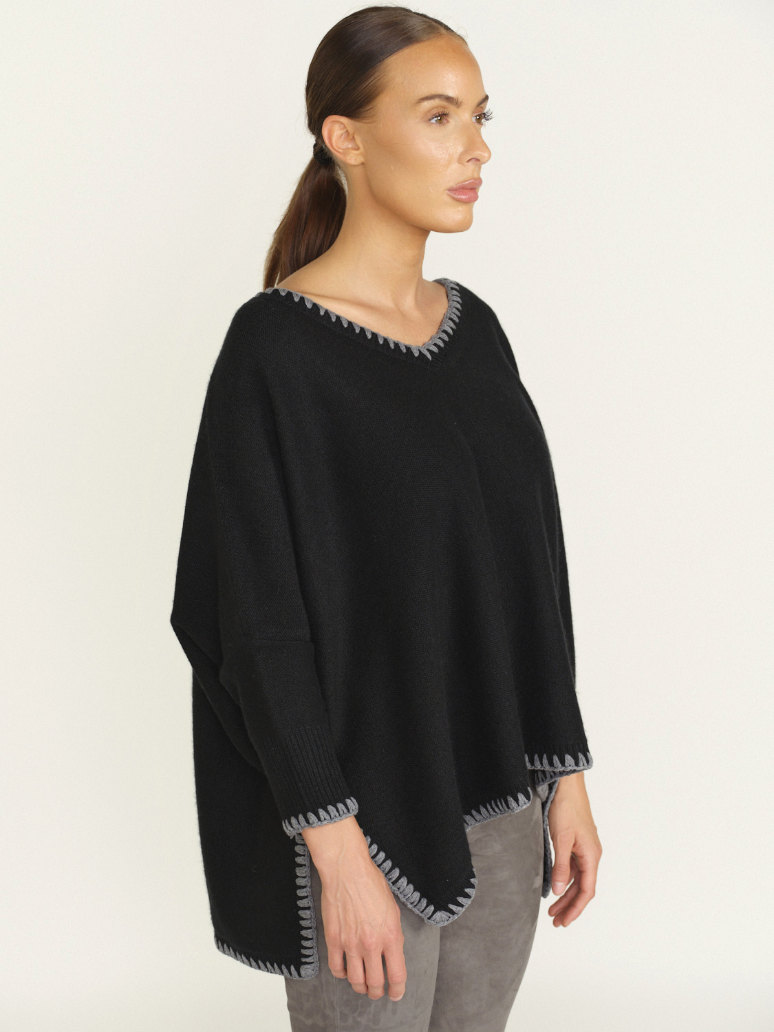 Kujten Oversized Kaschmir-Pullover mit Stitchings  schwarz One Size