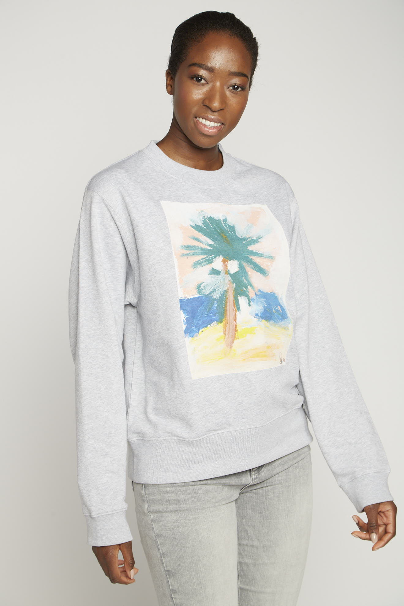 odeeh sweater grey centered palm print cotton model front